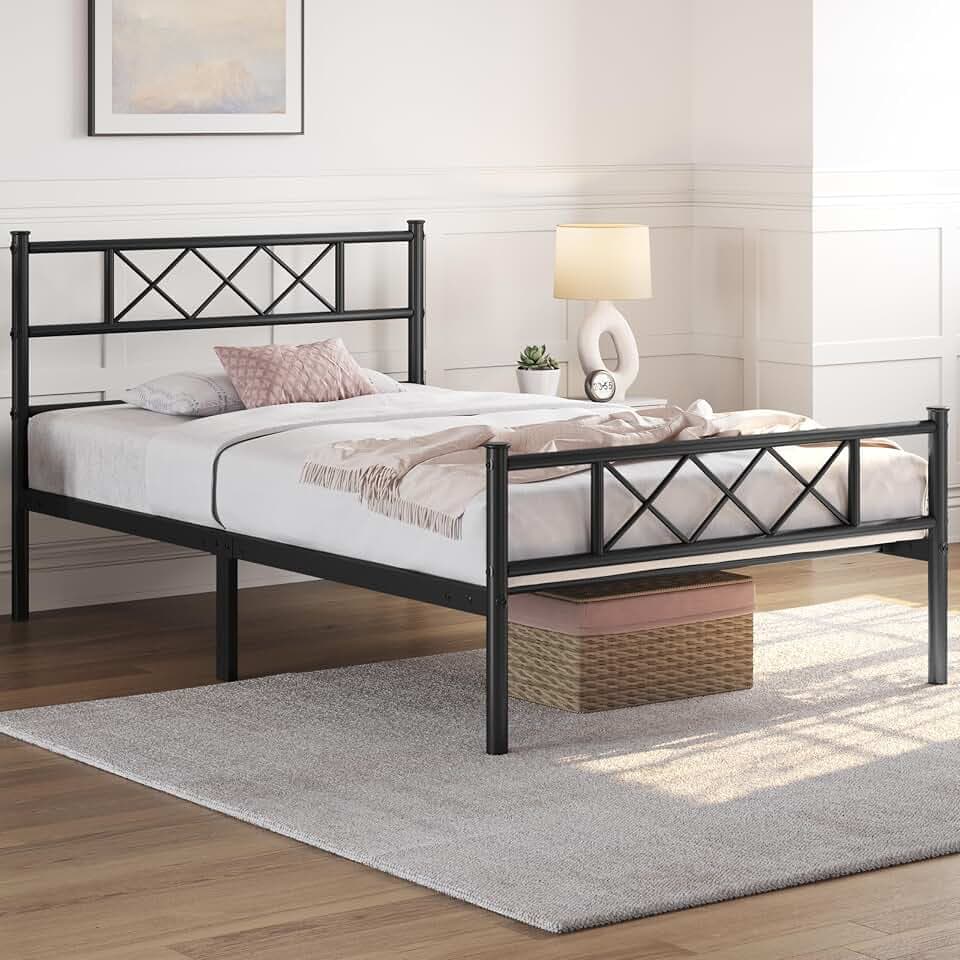 Yaheetech Modern Metallbett Bettgestelle mit Lattenrost, Doppelbett/Einzelbett, Bettrahmen mit Kopfteil, Gästebett Jugendbett für Schlafzimmer Gästezimmer 90x200 cm/Schwarz