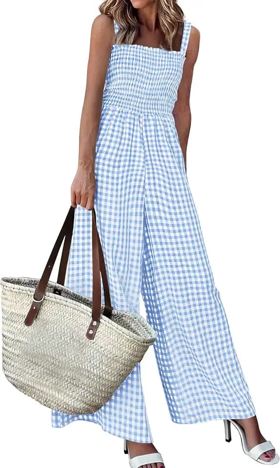 PRETTYGARDEN Womens Jumpsuit Summer Wide Leg Gingham Rompers