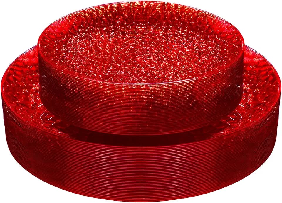 Rubtlamp 60Pcs Red Plastic Plates, Heavy Duty Clear Red Disposable Plates, Fancy Hammered Plastic plates Include 30 Dessert Platos, 30 Dinner Platos for Party Mother's Day