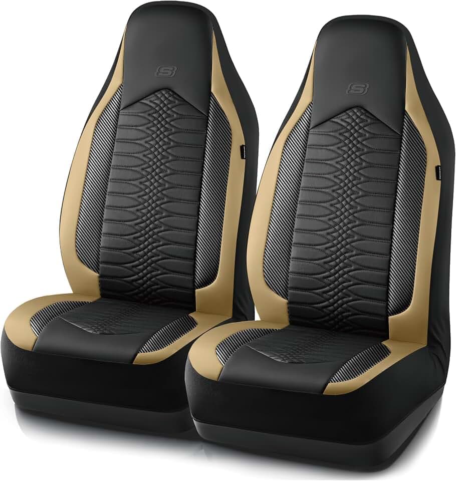 Skechers Memory Foam Car Seat Covers, Leather High Back Seat Covers Quilting Design,Waterproof Sports Car Seat Covers Front Seats,Airbag Compatible, Universal Fit for Most Cars, SUVs,Trucks,Beige