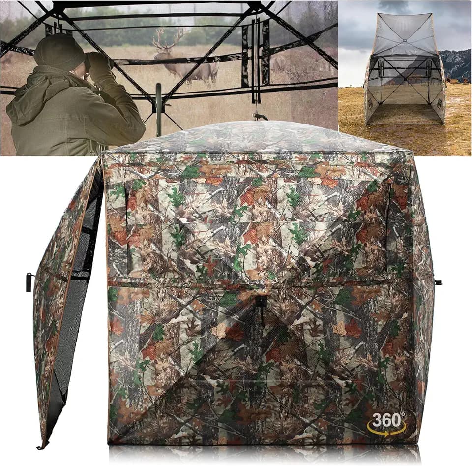 HUNTSEN Portable Hunting Blind - 270°/360°See Through with Floor Mat Dual Door