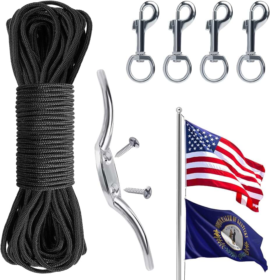 PAMASE 100 FT Flag Pole Rope Kit with Clips, Black