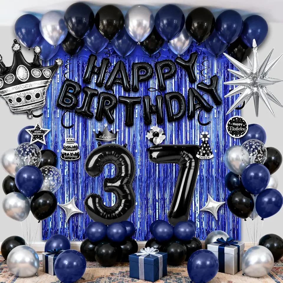 37th Birthday Decorations for Men, Black Blue Happy 37th Birthday Balloons with Foil Number 37, Happy Birthday Banner, Fringe Curtains, Foil Balloons Party Supplies
