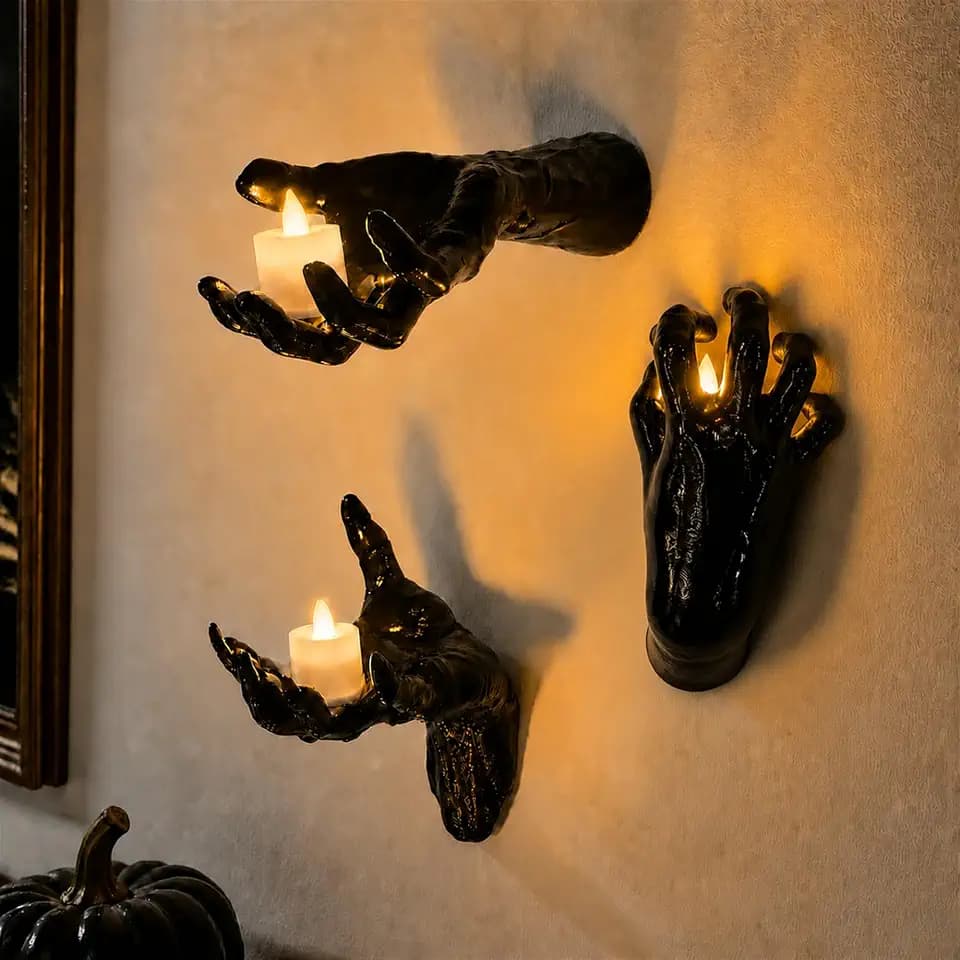 [3 Pack] Life-Sized Creepy Reaching Hands with Lighted Candles, Wall Mounted Scary Halloween Decorations Indoor, Mysterious Gothic Dark Academia Decor Horror Hands for Display Jewelry, Key