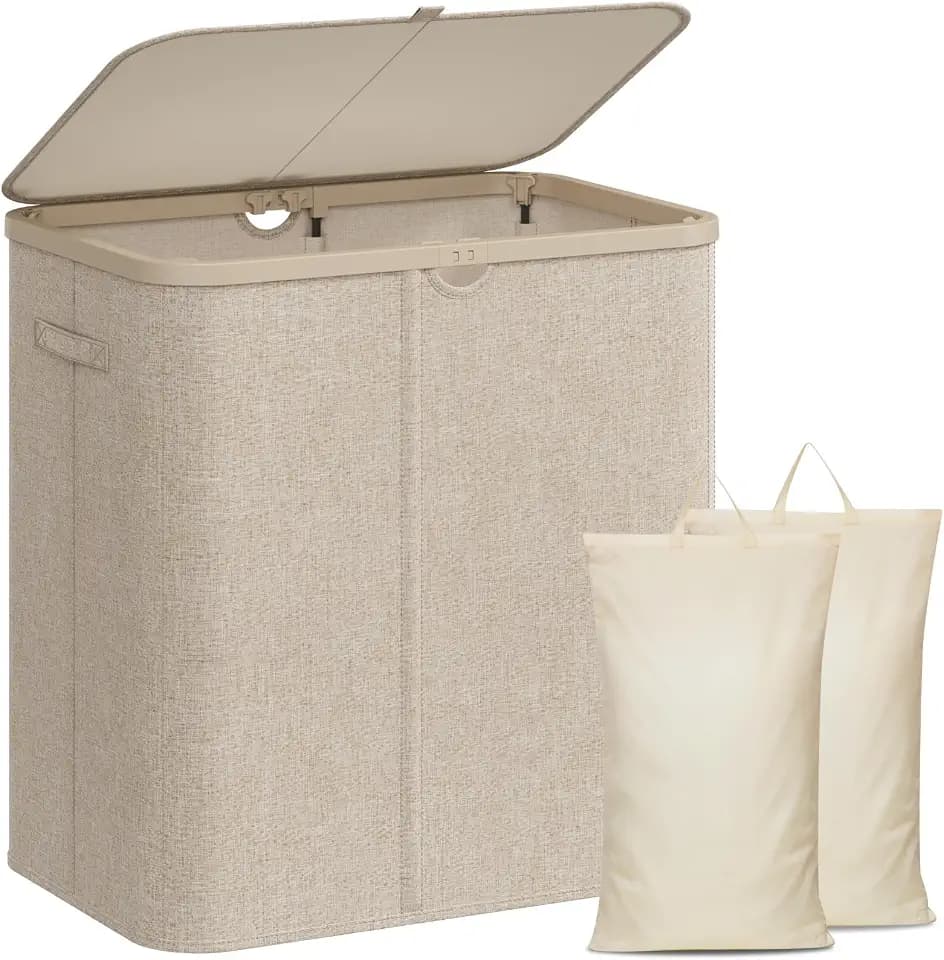 Lifewit 140L Wäschekorb mit Deckel und 2 Fächern, Beige | Großer faltbarer Wäschesortierer mit herausnehmbarem Wäschesack und Tragegriffen für Schlafzimmer, Bad und Waschküche