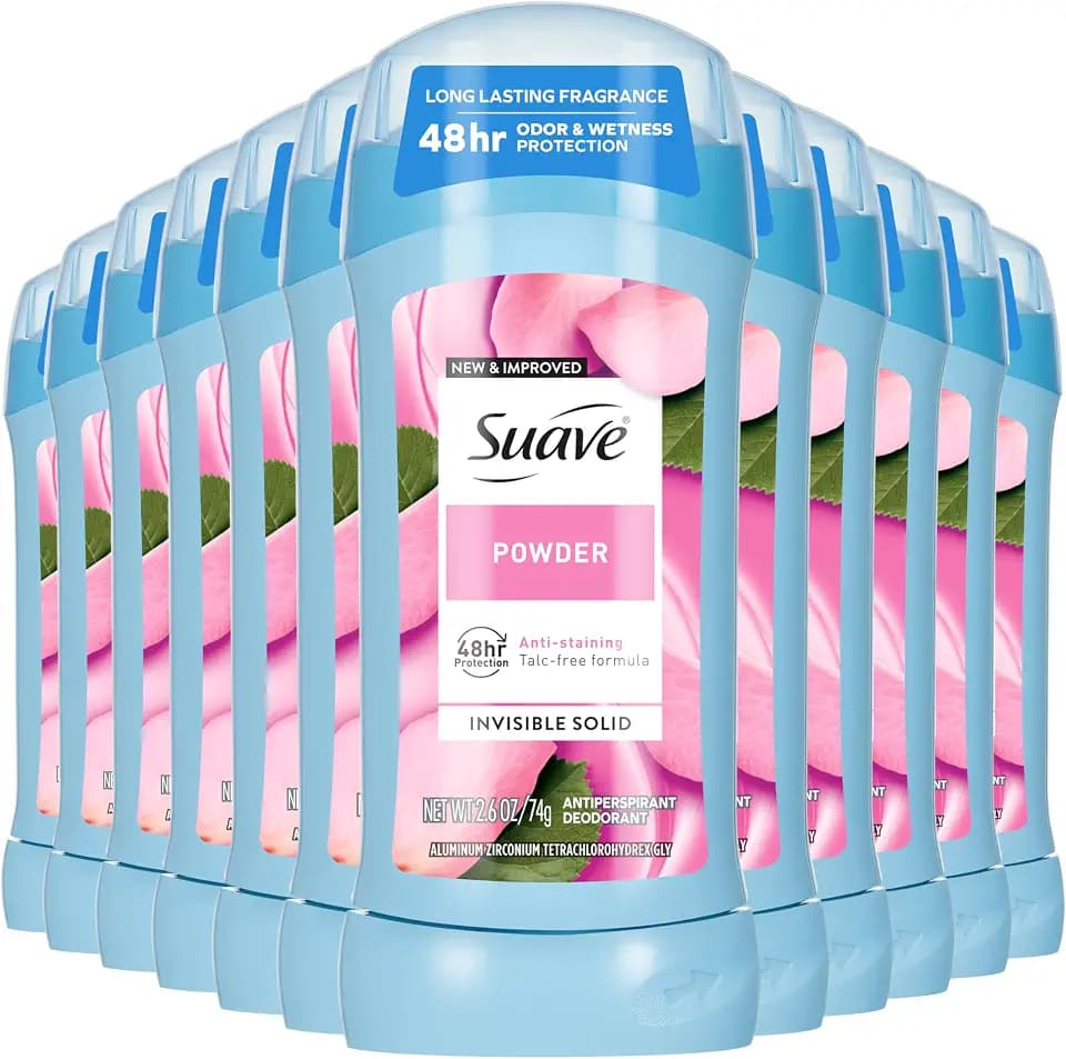 Suave Antiperspirant Deodorant For Women, Invisible, Underarm Deodorant, 48hr Odor & Wetness Protection, Long Lasting Powder, Sensitive Skin Deodorant Solid Stick, 2.6 oz (12 Bulk Pack)