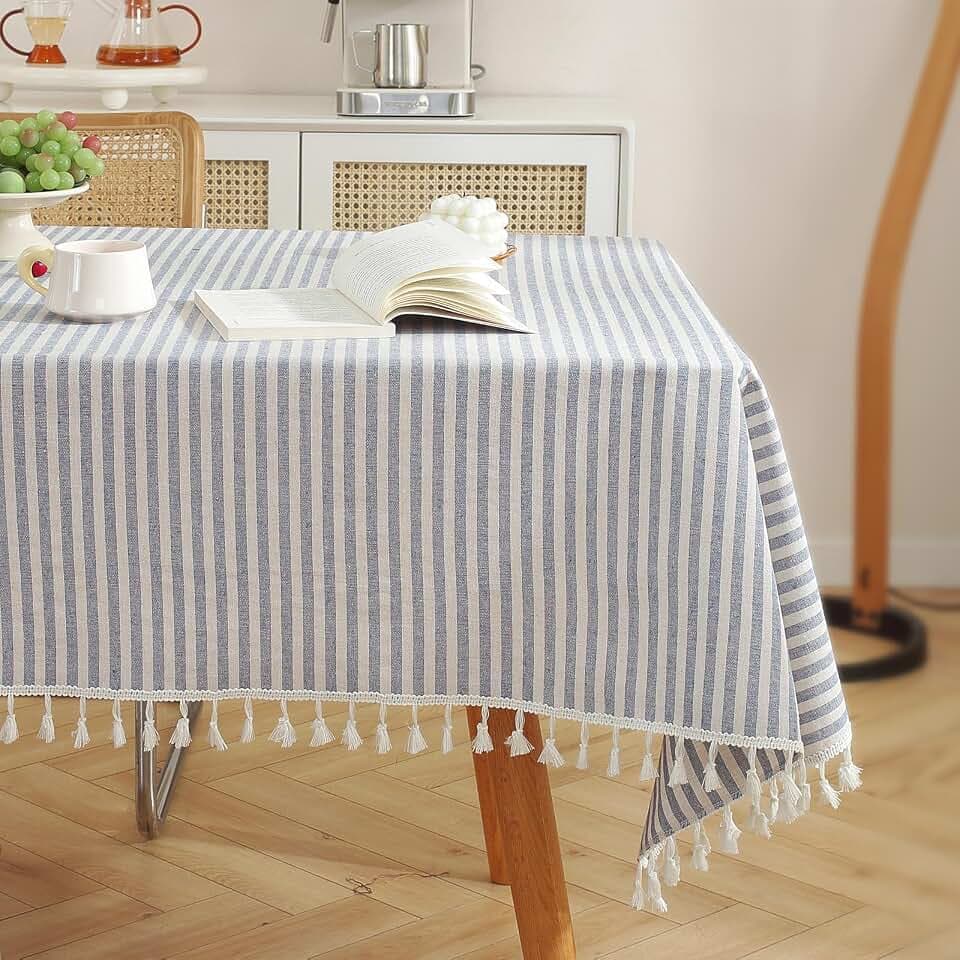 meioro Table Cloth Blue White Striped Tablecloth with Tassels Cotton Linen Dust-Proof Table Cover for Dining Buffet Kitchen Picnic Tables, Parties Holiday Indoor Outdoor Tablecloths (39x55 Inch)