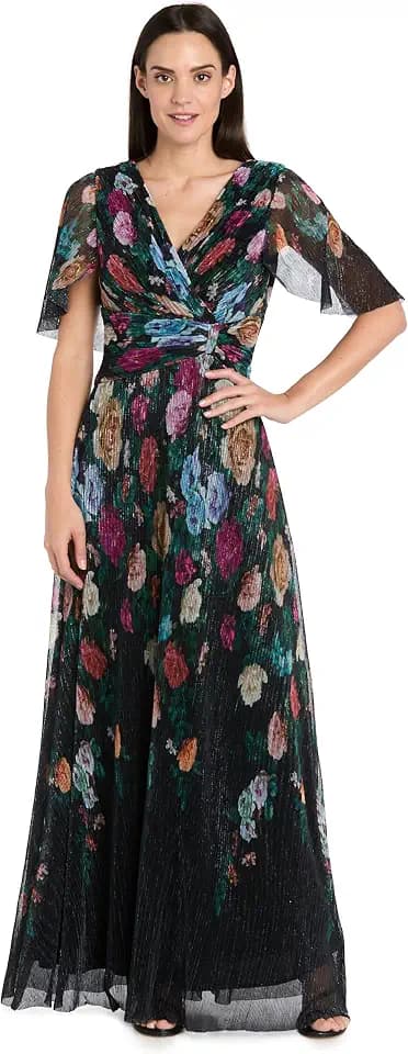 R&M Richards Women's Elegant Floral Print Maxi Gown W/Flutter Sleeves | V-Neck Pleated Evening Dress | Cocktail & Party