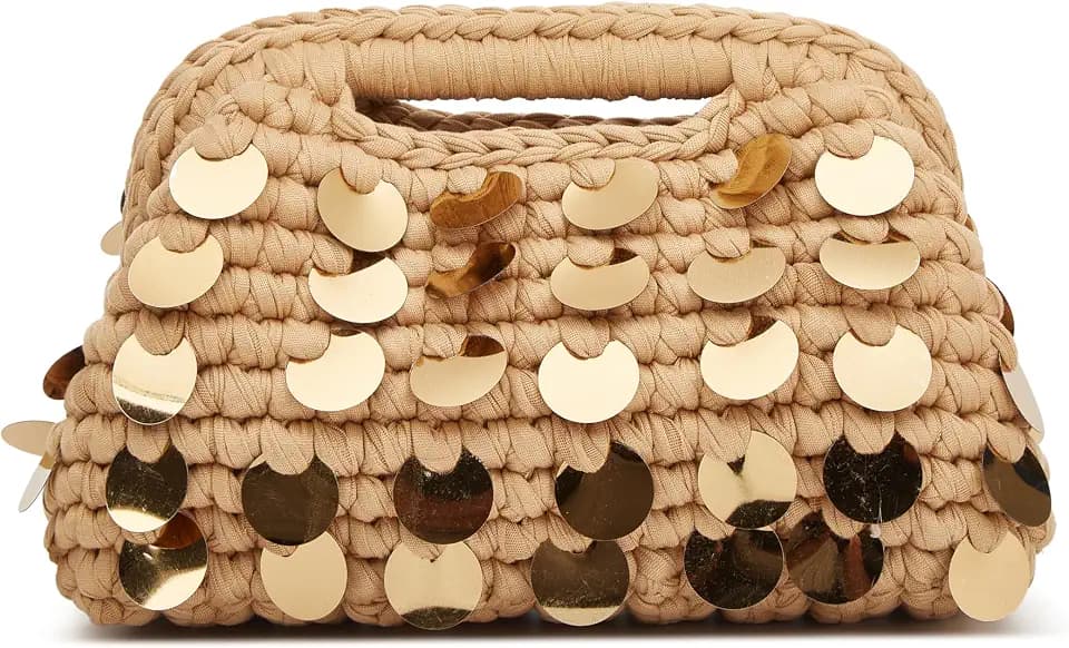Handmade Clutch Purse for Women Sparkly Sequin Tote Handbag Crochet Solid Color Evening Bag Summer Beach Shoulder Bag