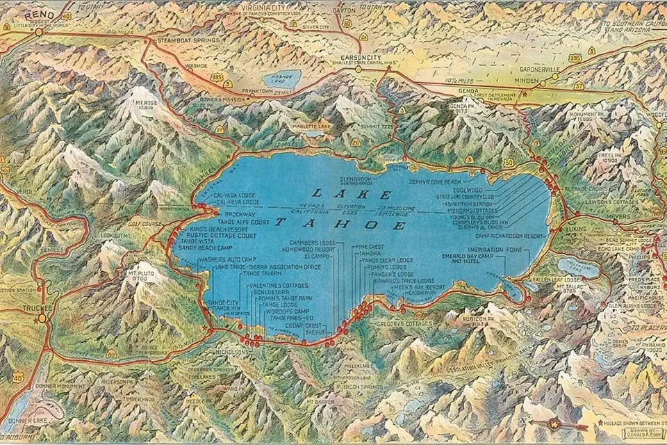 ART.COM Wall Art Print Old Map of Lake Tahoe Area, 36" x 24"