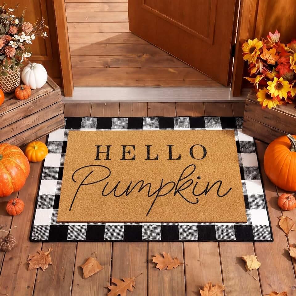 Tinideya 2 Pcs Hello Pumpkin Fall Layered Doormat Set, Farmhouse Front Mat