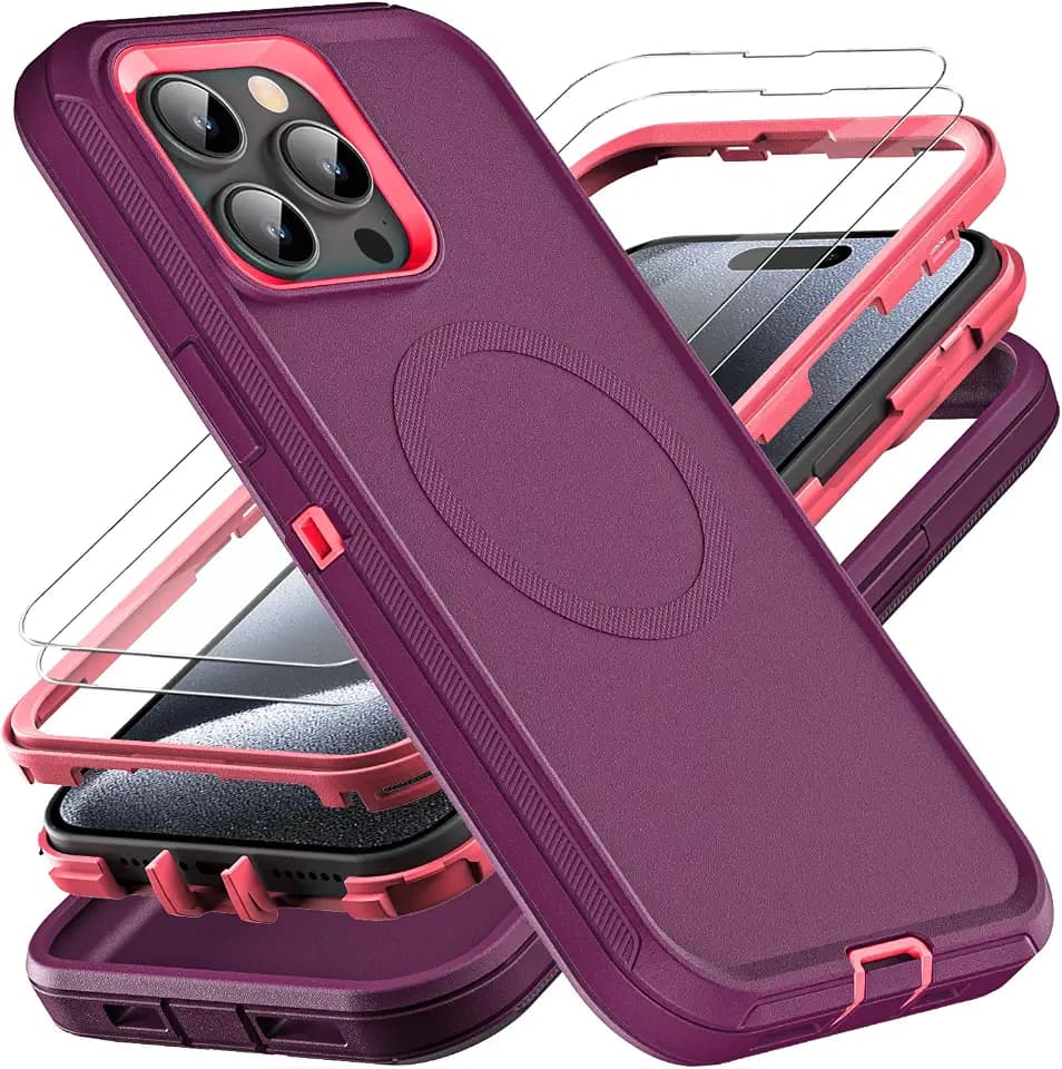YKHJKLEC for iPhone 15 Pro Case, Compatible with Magsafe, Military Grade 3 in 1 Heavy Duty Shockproof/Drop Proof/Dust Proof Case with 2Pcs Tempered Glass Screen Protector (New-Purple/Pink)