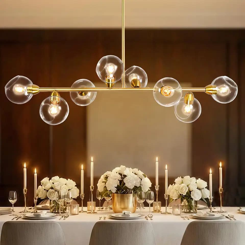 50" Open Globe Clear Glass Chandelier, 8-Light Gold Modern Sputnik Chandeliers Linear Chandeliers for Dining Room Luxury Electroplated Brass Dining Room Chandelier Large Long Kitchen Island Lights