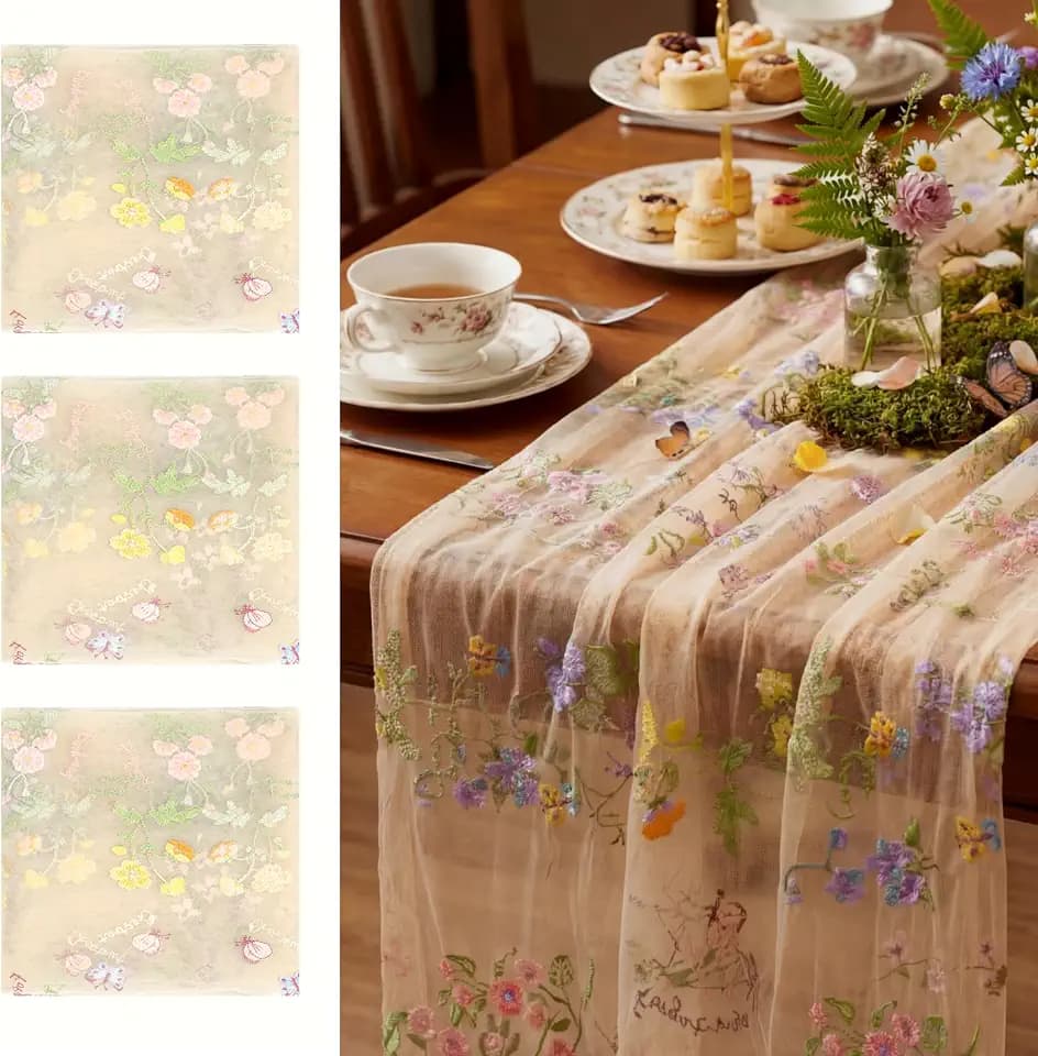Champagne Floral Table Runner 10ft Embroidery Tulle Spring Wildflower Table Runner Seasonal Summer Butterfly Kitchen Dining Gauze Decoration for Wedding Baby Shower Birthday Party (3 Pcs)
