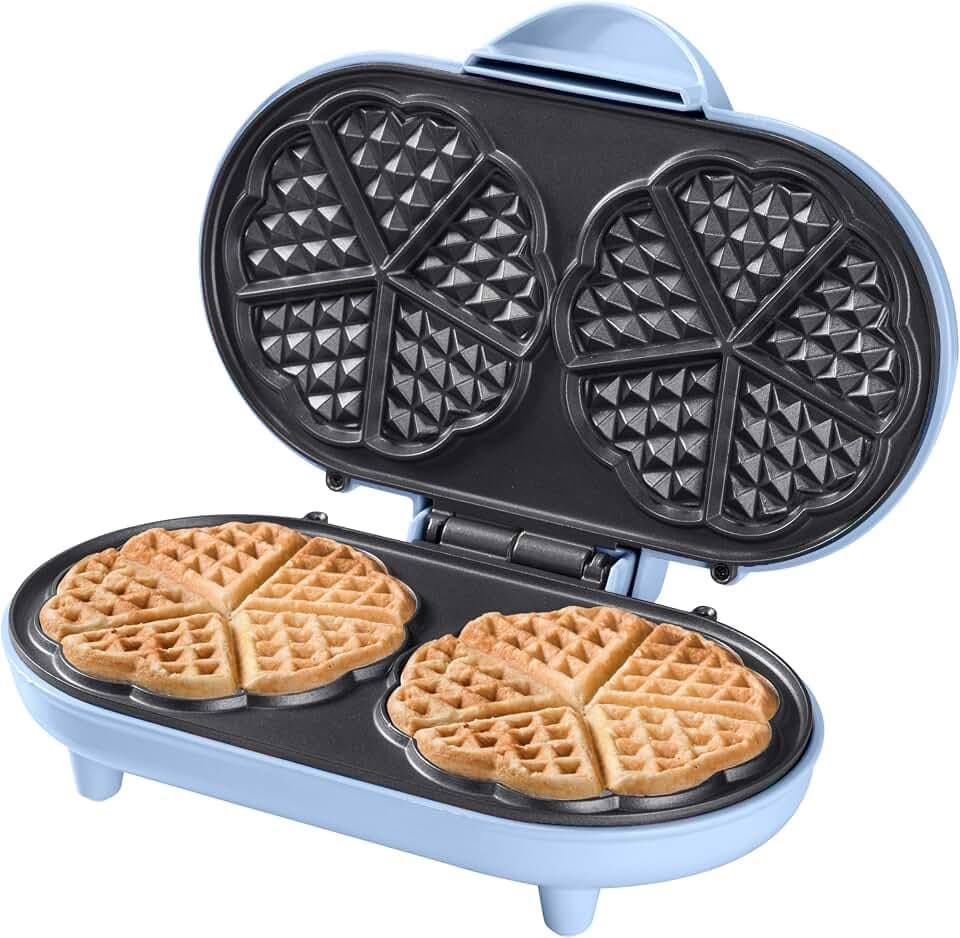 Bestron Doppel-Waffeleisen für klassische Herzwaffeln, Herzwaffeleisen mit Backampel & Antihaftbeschichtung, ideal für Kindergeburtstage, Ostern & Weihnachten, Farbe: Blau