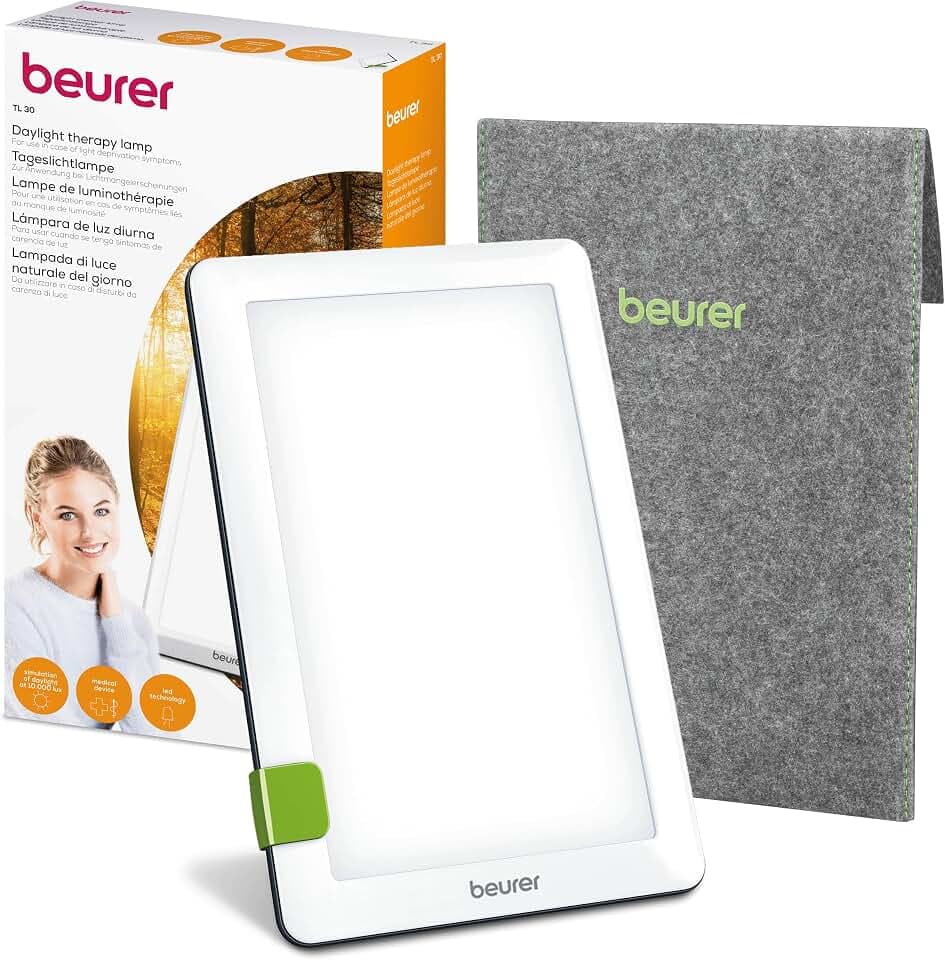Beurer TL 30 Tageslichtlampe, Simulation von Tageslicht, bis zu 10.000 Lux, Medizinprodukt, flimmer- und UV-freie LED-Technologie, Tageslichtleuchte mit verstellbarer Halterung und Tasche