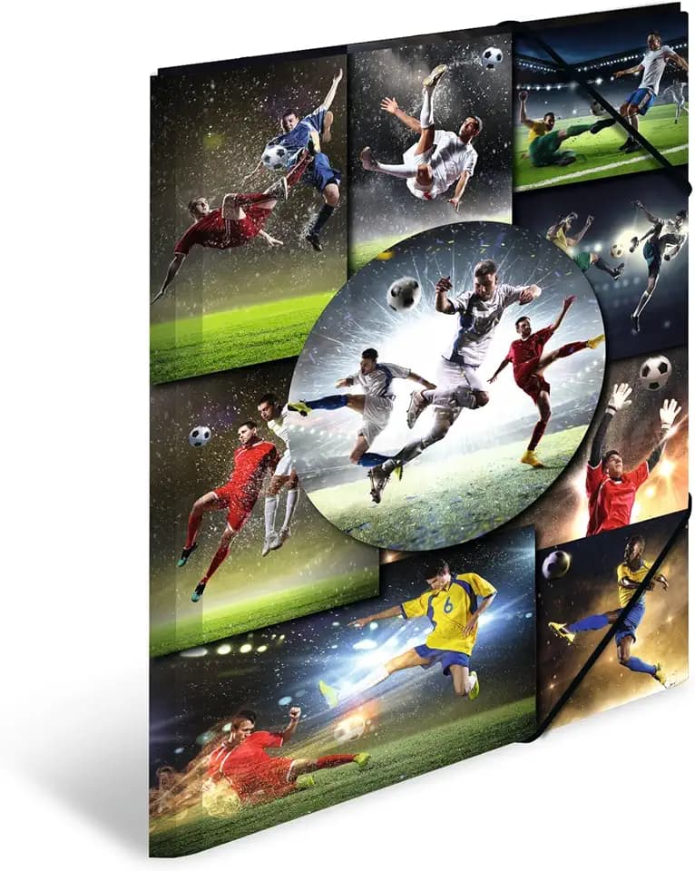 HERMA Sammelmappen A3 Fussball Set, 3 Stück, Kinder Eckspanner-Mappen aus Kunststoff mit Sport Motiv, Gummizug, Innenklappen und Innendruck für Jungen und Mädchen