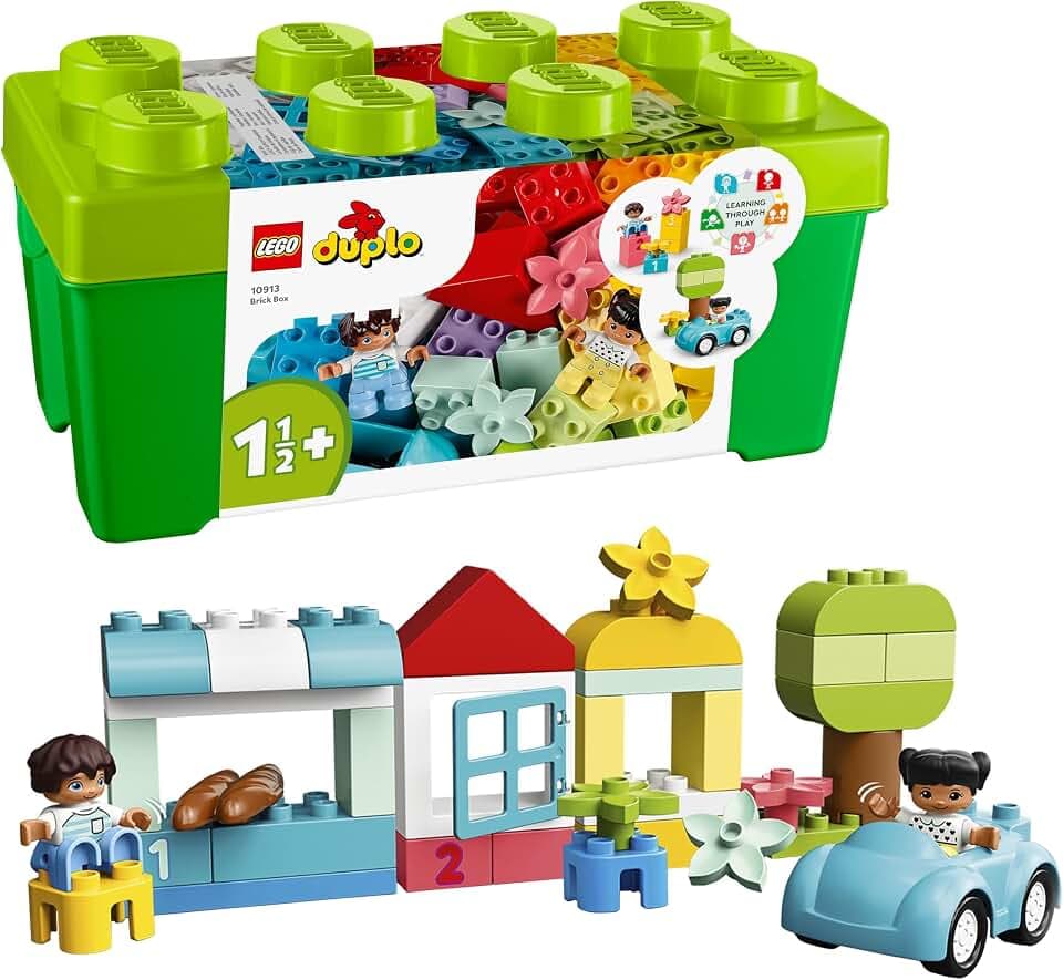 LEGO DUPLO Brick Box - Educational Stacking Toys for 1+ Year Old Boys & Girls - incl. Colourful Number Bricks, a Car & 2 Figures, Plus Toy Storage - 10913