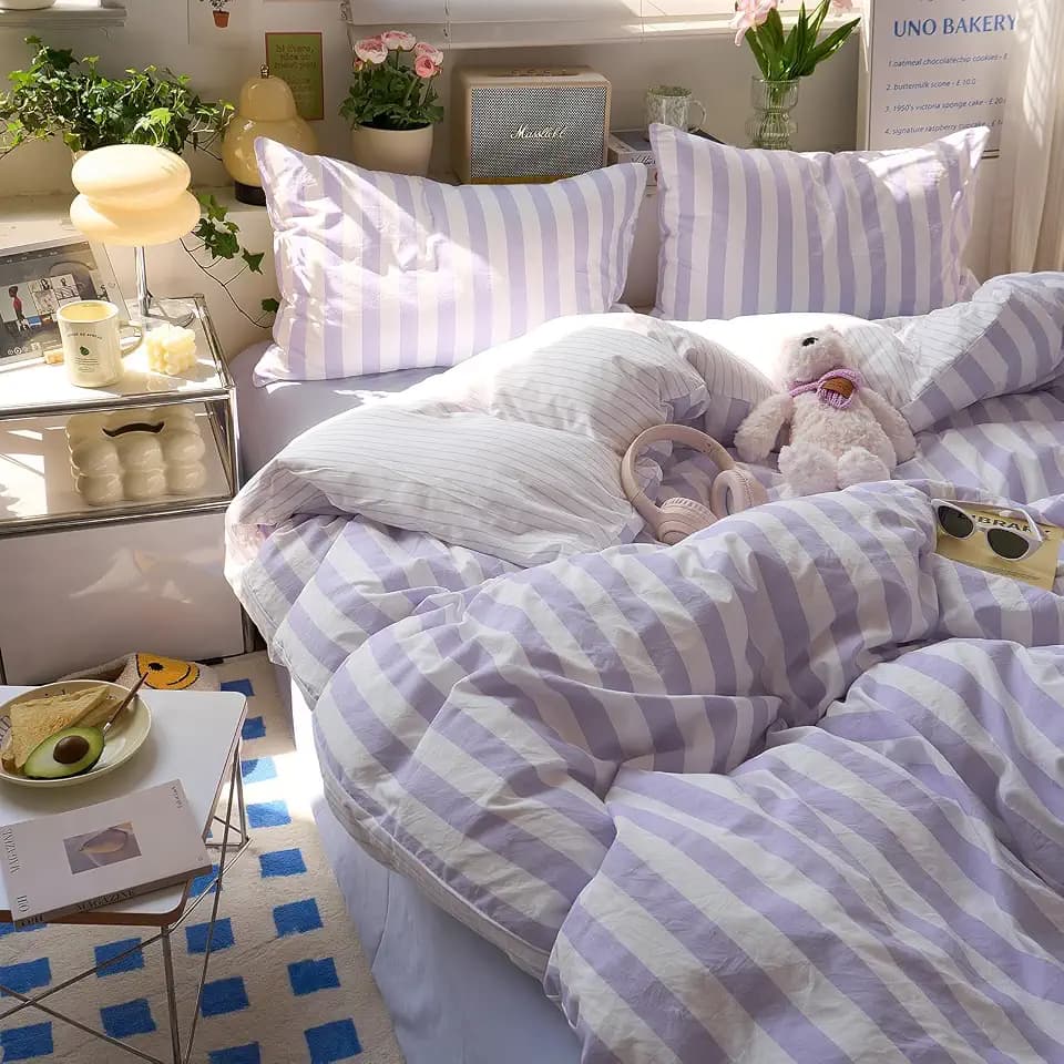 LifeTB Purple Striped Duvet Cover Set Twin XL, 3 Pieces Pink White Stripes Pattern Printed Bedding Set, Soft Farmhouse Striped Bedding Reversible Pinstripe Cute Comforter Cover with Zipper Closure
