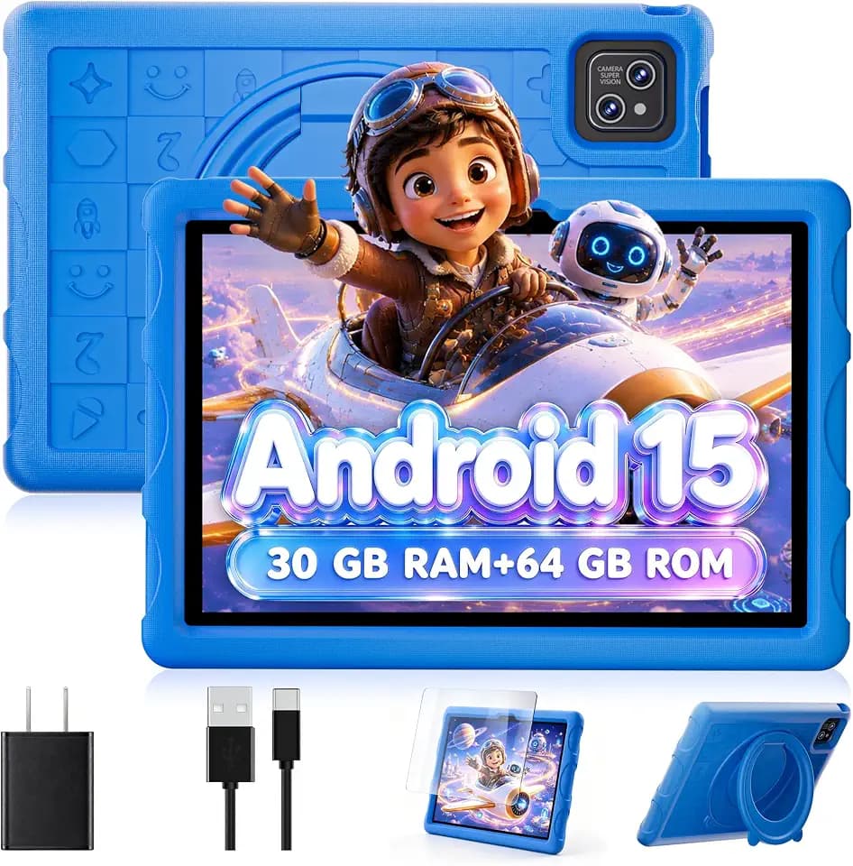 2026 Android 15 Tablet,10.1 inch Tablet with Drop-proof Case,30GB(8+22GB) RAM+64GBROM/1 TB Expand,800x1280HD,Split Screen,Face Unlock,Cast screen,Octa-core Processor,8MP+13MP,WiFi6,Bt5.0,8000mAh,Blue