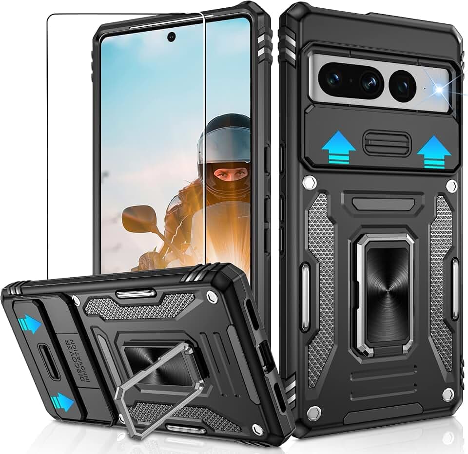 Jshru Schutzhülle für Google Pixel 7 Pro mit [verbesserter] Schiebekamera-Abdeckung, militärische Qualität, stoßfest, Pixel 7 Pro, mit Ringständer, Handyhülle für Google Pixel 7 Pro, schwarz