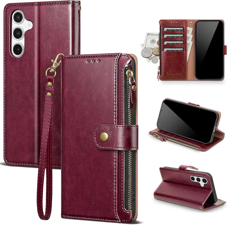 Compatible with Samsung Galaxy A16 5G Wallet Case with Card Holder RFID Blocking Zipper Poket PU Leather Phone Case Flip Protective Cover Wrist Strap Credit Card Slots Men Women,Wine Red