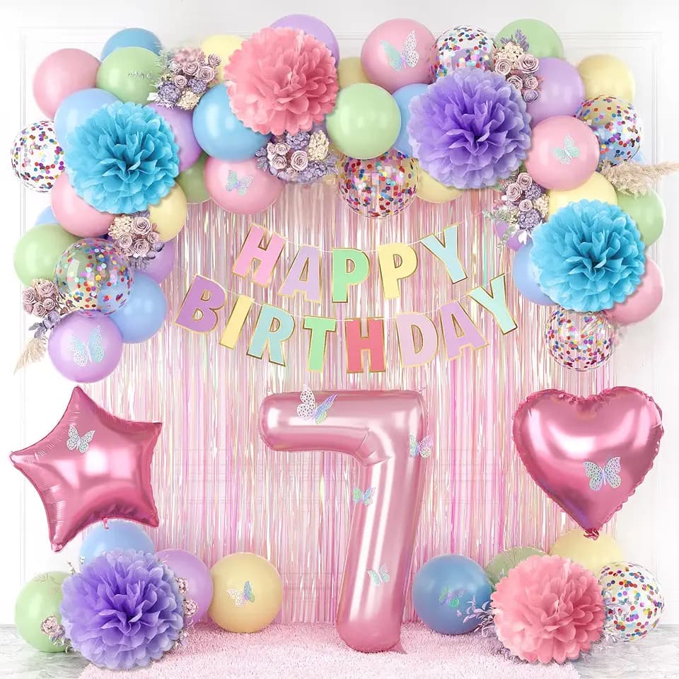 Pastel 7th Birthday Colorful Party Decorations Girls Pink Number 7 Balloon