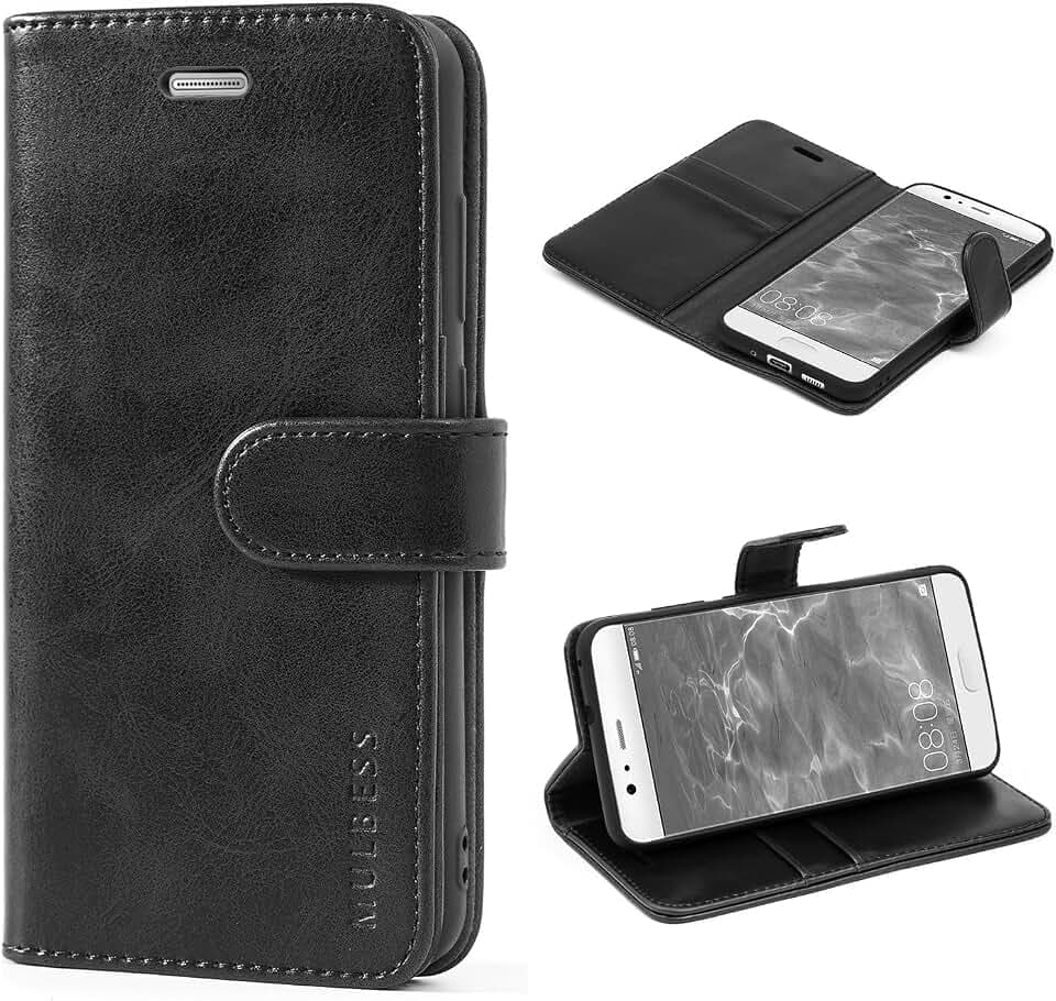 Mulbess Hülle für Huawei P10 Lite Handyhülle, Flipcase mit Stand Funktion, TPU Stoßfeste, Etui Karten Schutzhülle, Vintage Schwarz