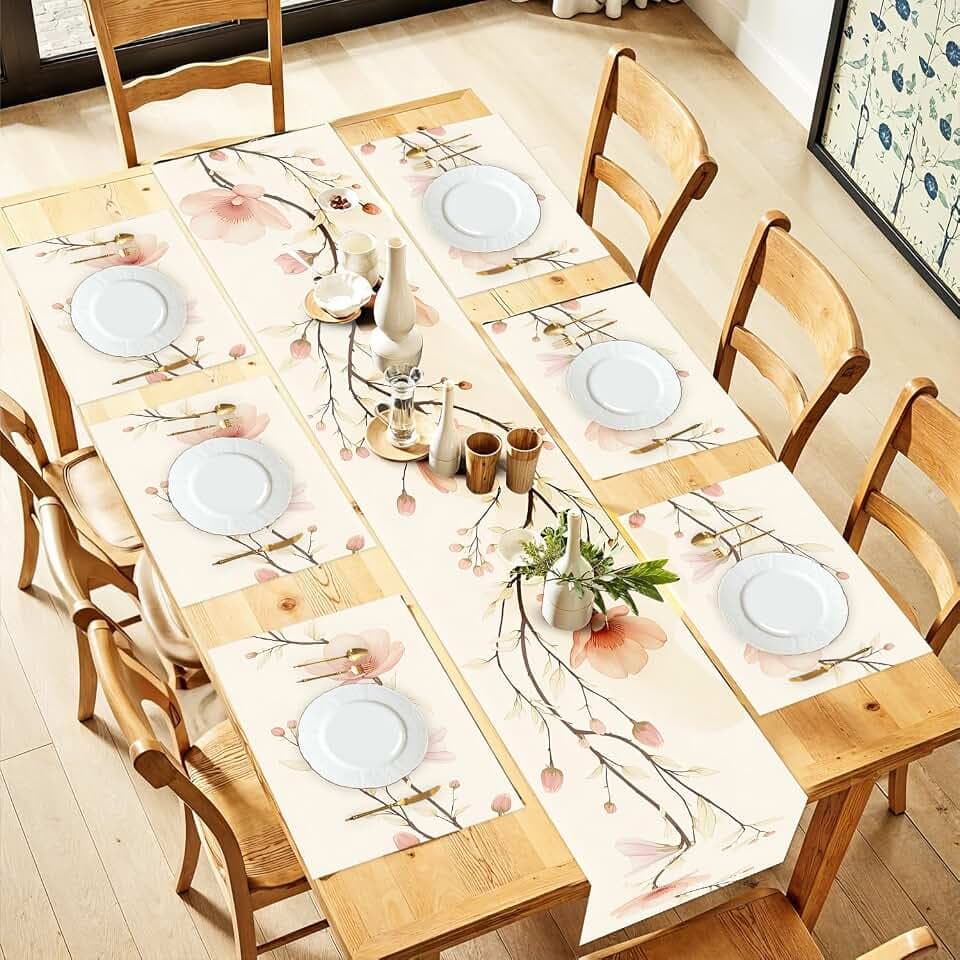 ANNA QUEEN Floral Table Runner and Placemats Set of 6, 13"x72" Beige Blossom Table Runner with 12"x18" Placemats, Flower Dining Table Decor for 4 to 6 People, Elegant Kitchen Set