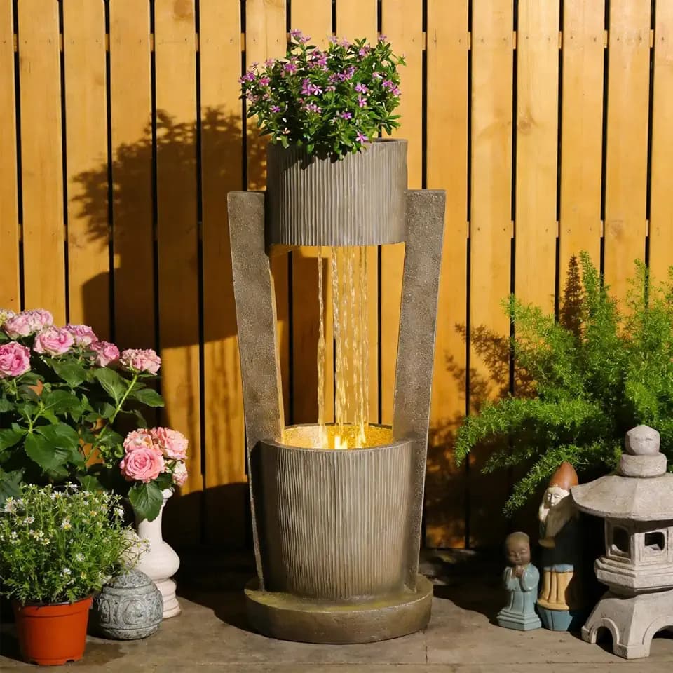 Sunlinua 31H Realistic Rock Outdoor Water Fountain with LED Light Brown