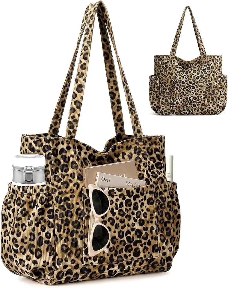 Corduroy Tote Bag for Women,Large Capacity Cute Tote Bags With 6 Pockets,Crossbody Shoulder Handbag for Work Travel Gym