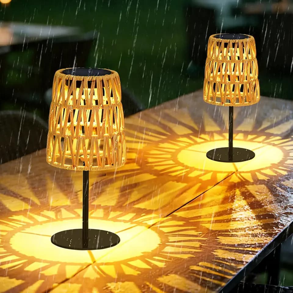 2pcs Outdoor Table Lamp: Rechargeable LED Solar Lantern for Garden Yard, Waterproof Solar Lights Outdoor Cordless Table Rattan Lamp, Small Deck Lamp for Balcony Patio,Gift for Women Mother Days