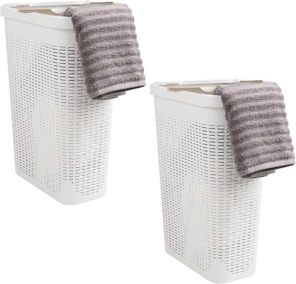 Mind Reader 40L Slim Laundry Hamper with Lid, Narrow Clothes Baskets, Set of 2, White