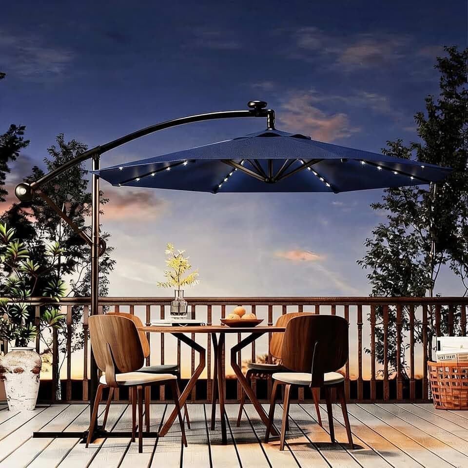 Garvee 10FT Solar Lights Offset Patio Umbrella with Cross Base, Navy Blue