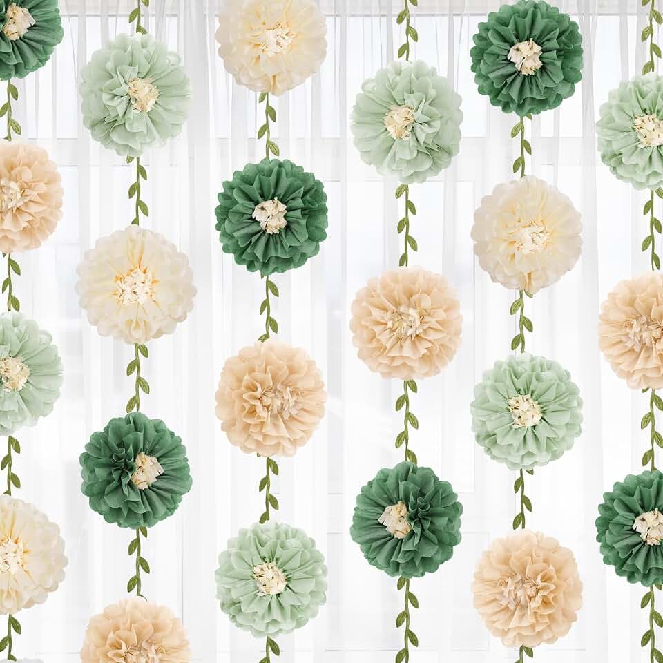 Kriyokiaa Sage Green Tissue Paper Flowers Pom Pom Garland, 4 Pcs