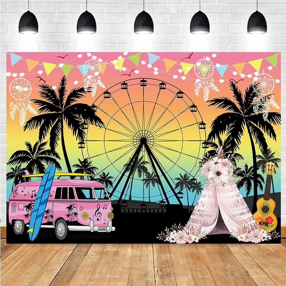 Summer Seaside Ferris Wheel Camping Photography Backdrop Tropical Palm Tree Sunset Background Sea Beach Surfboard Pink Travel Bus Baby Shower Birthday Decor Party Banner (7x5ft)