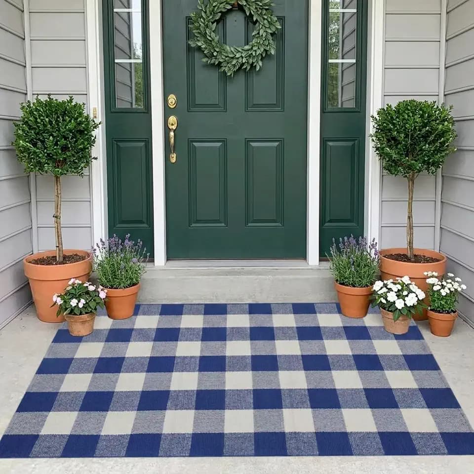 MUBIN Cotton Buffalo Plaid Rug, 3' x 5' Blue White Outdoor Rug Front Door Decorative Mat, Washable Doormat Hand-Woven Foldable Area Rug Layered Door Mats Rug for Front Porch, Entryway, Patio