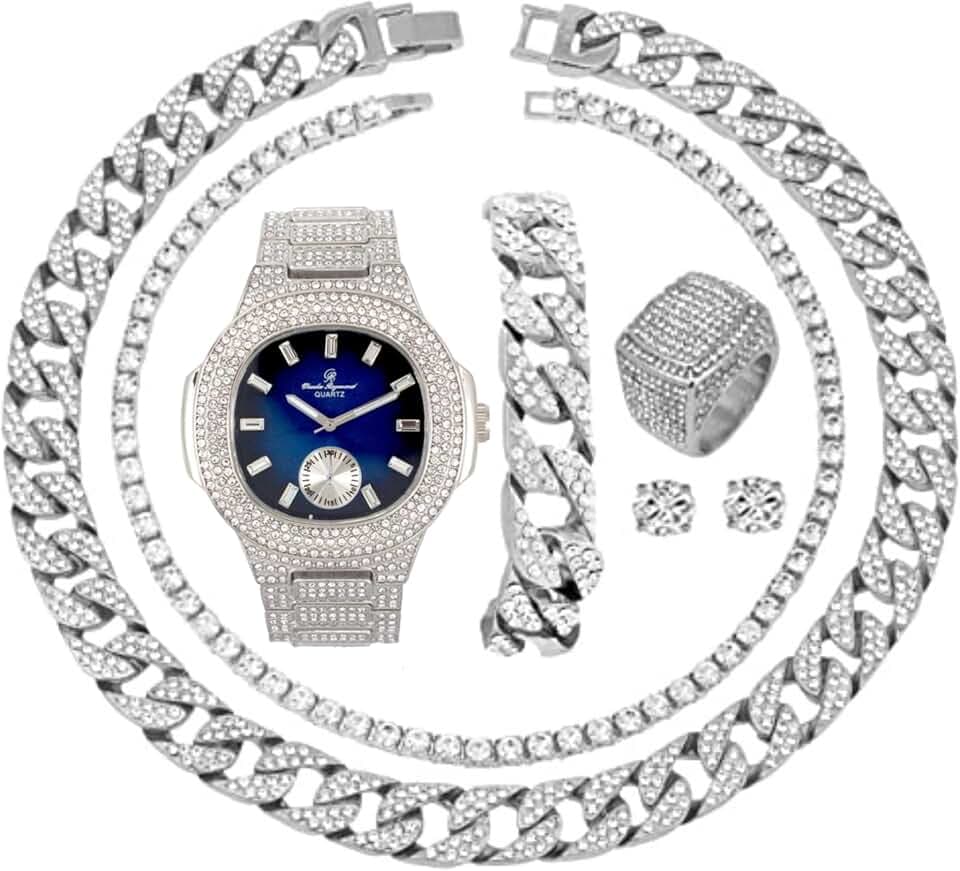 Charles Raymond Fully Iced Mens Big Rocks Bezel Color Dial with Roman Numerals, Cuban Chain Bracelet, Cuban Necklace, Tennis Chain & Ring - ST10327CRNT