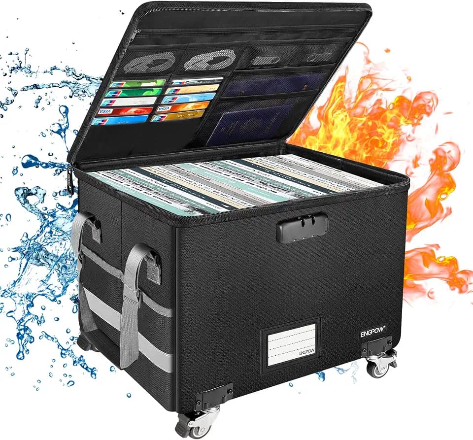 ENGPOW Aktenschrank auf Rädern, feuerfeste Dokumentenbox, abschließbare Rollbox, faltbare Aufbewahrungsbox mit Deckel, Aktenschränke, Zuhause, Büro, Safe Box für Briefe, Zertifikate, Vertrag usw