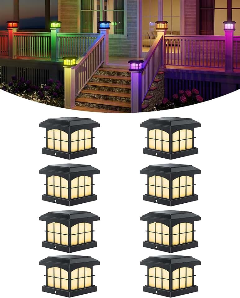 PARTPHONER RGBCW Solar Post Cap Lights 8-Pack, 9 Colors 3 Modes Fence Caps, Bright Solar Outdoor Waterproof LED Deck Lighting for Fence Garden Deck Patio Porch Decor 4x4 Vinyl/Wood, Black