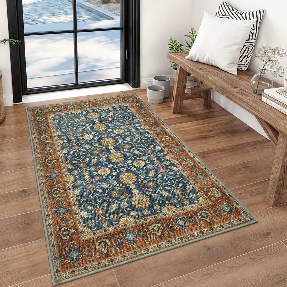 KUTA Vintage Floral 3x5 Entryway Rug Washable Area Rugs Blue Terracotta