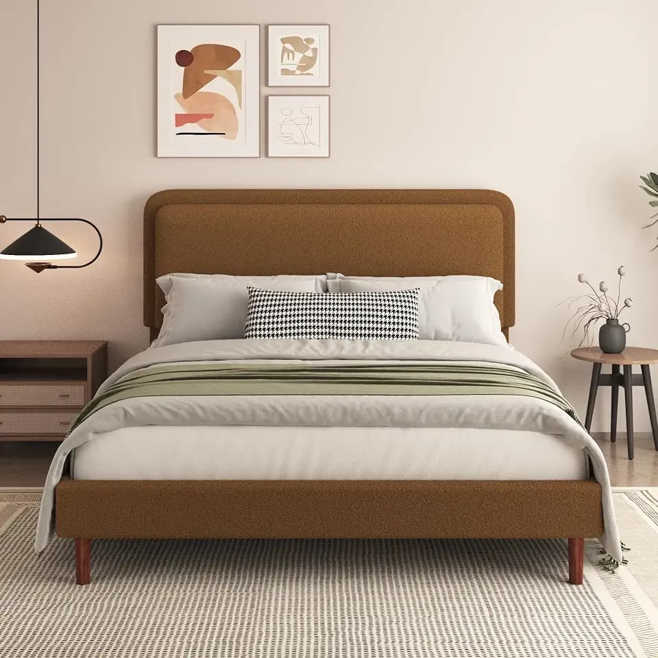 Full Size Boucle Upholstered Bed Frame with Adjustable Headboard, Cloud Platform Bed, Solid Wooden Legs, No Box Spring Needed, Easy Assembly, Brown