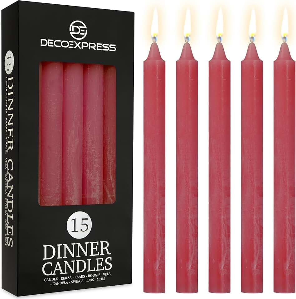 DECO EXPRESS Stabkerzen Kerzen Set 15er Pack Handgemachte Rustik Kerzen Geruchslos Lange Brenndauer bis zu 9 Stunden Tropffreie Tafelkerzen (Rot - 15 Pack)