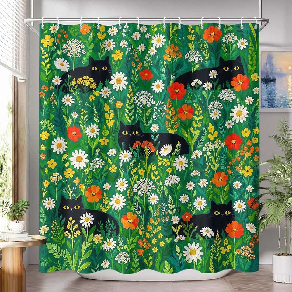 Black Cats in Wildflower Meadow Shower Curtain Colorful Floral Botanical Garden with Curious Felines Art Print Waterproof Fabric Bathroom Decor 72x72 Inch