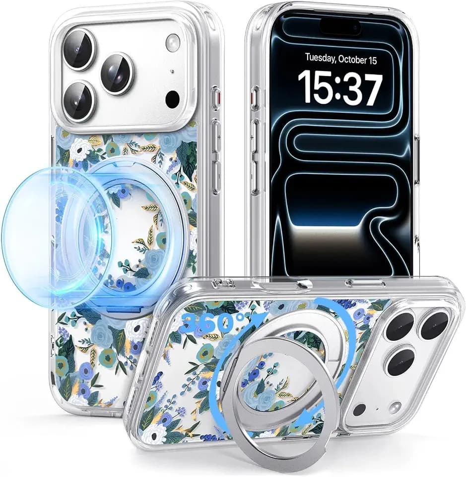 for iPhone 17 Pro Max Case with MagSafe Stand Ring for Women, Cute Clear Floral Design with 360° Kickstand Holder Magnetic Shock Proof Heavy-Duty Protection Blue Flower