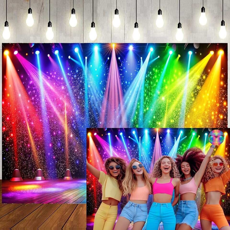 7x5ft Fabric Disco Rainbow Stage 70s 80s 90s Backdrop Vintage Lights Photography Background Rock Music Club Neon Glow Party Decorations Photo Banner 312