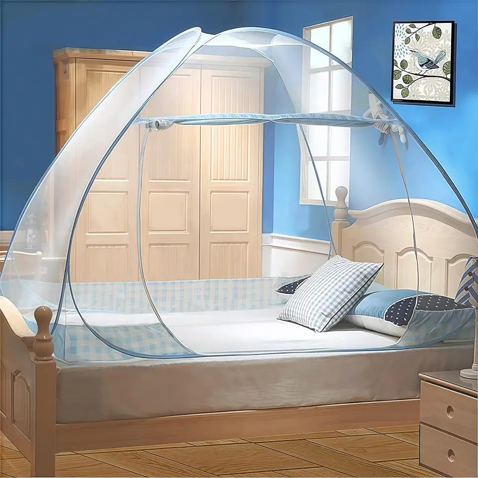 Digead Faltbares Pop-up Moskitonetz für Bett, 100×200 cm Einzeltür Design, Tragbares Reise moskitonetz, Ideal für Zuhause, Reisen & Camping - Blauer Rand