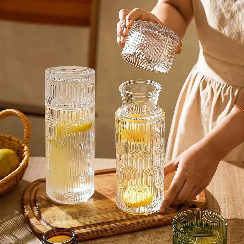 4-Piece Set Bedside Water Carafe and Glass, 21.6 Oz Glass Pitcher with 6 Oz Drinking Cup Lid, Multi-Functional Mouthwash Dispenser for Bathroom Counter, Nightstand or Kitchen, Water Bottle Set