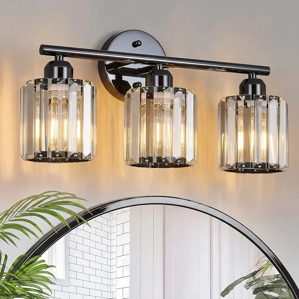 Modern 3-Light Crystal Vanity Light, High Gloss Black Bathroom Wall Light Fixtures Over Mirror for Dressing Table and Sink, Compatible with Dimmable Bulbs, Bulbs Not Included