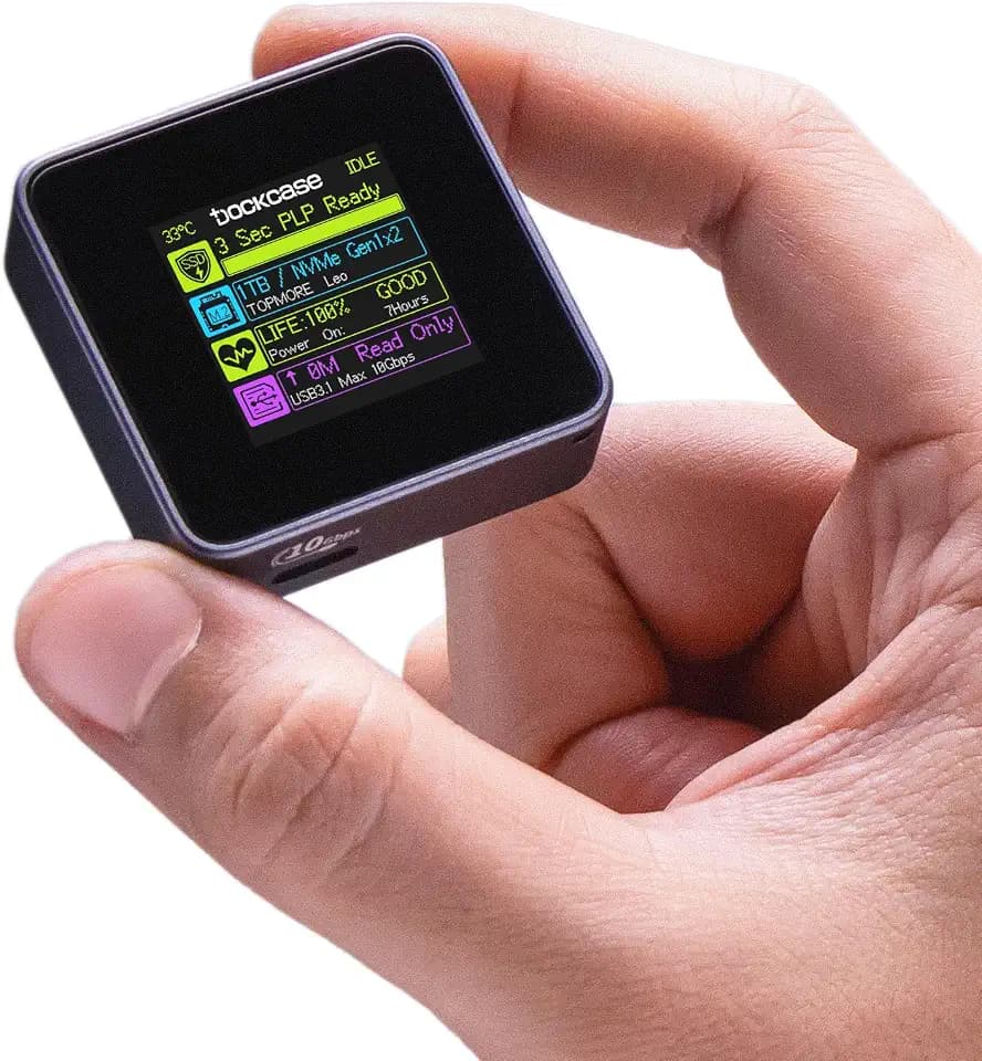 DOCKCASE Smart Pocket NVMe Gehäuse – 3s Datensicherung bei Stromausfall & Echtzeit-Display, 2230 NVMe USB Adapter, 10Gbps M.2 Speicherlösung, 2230 SSD Gehäuse bis 2TB, Grau